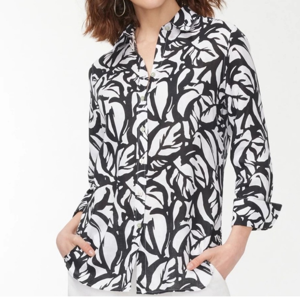 Chico's No Iron Linen 3/4 Sleeve Leaves Shirt in Black and Optic White
